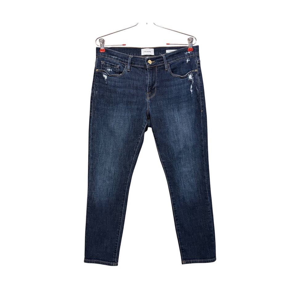 FRAME Le Garcon Crop Jeans 28 Dark Wash Distressed Mid Rise Slim Straight Denim